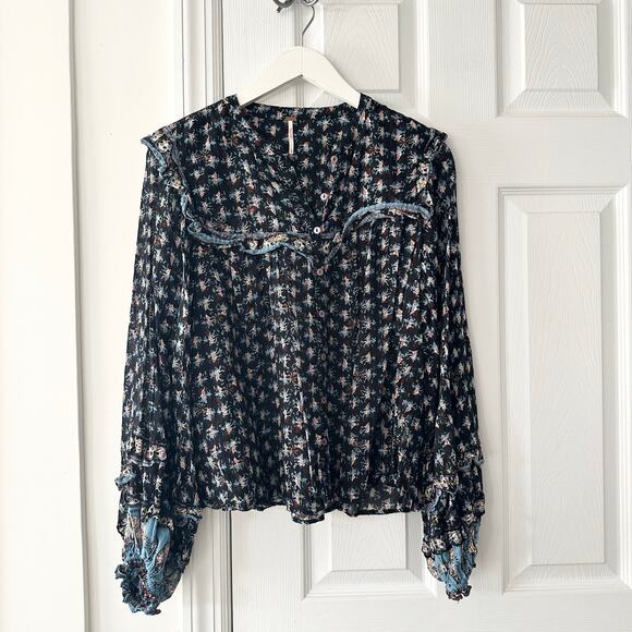 Free People Jenna Printed Blouse Night Combo Tie Neck Peasant Ruffle Boho Small - Picture 2 of 9